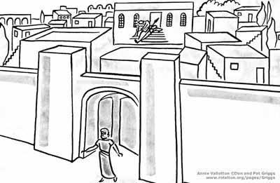 Acts12 - Peter escapes from jail illustration by Annie Vallotton