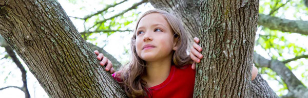 Girl climbs up in a tree