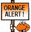 orange Wormy holds a sign saying 'orange alert'
